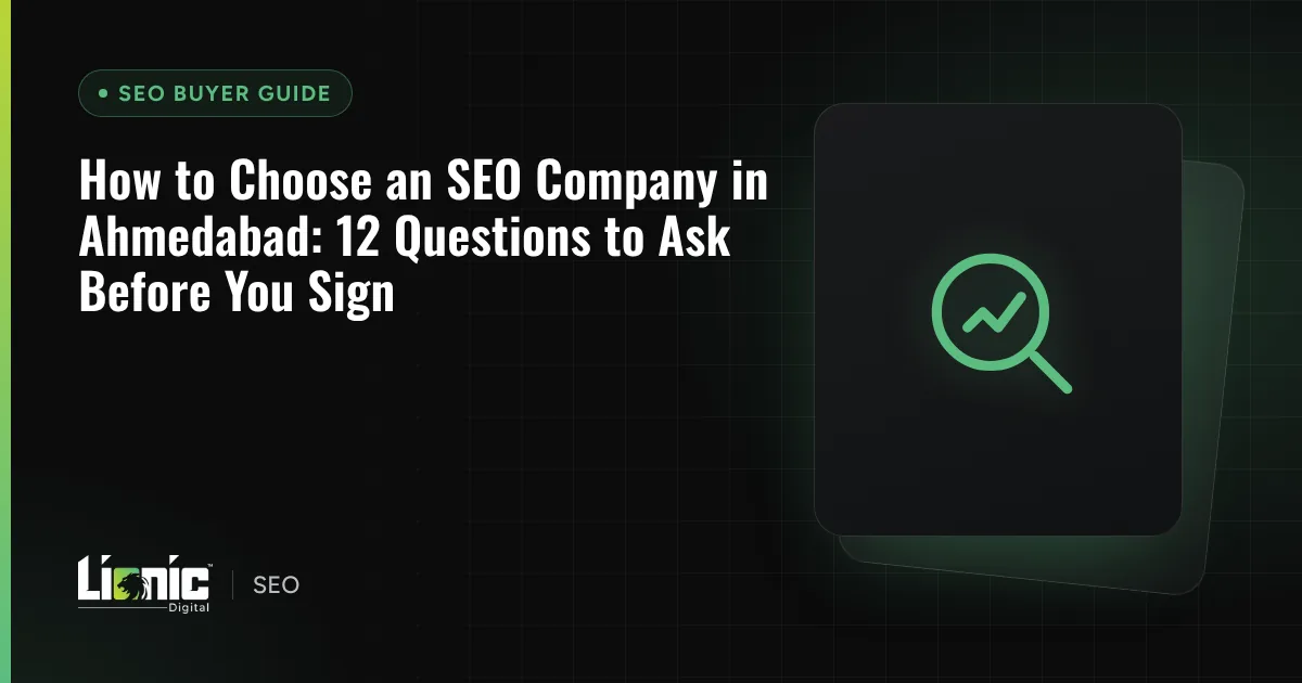 Dark branded cover graphic titled How to Choose an SEO Company in Ahmedabad with a magnifying glass and checklist icon.